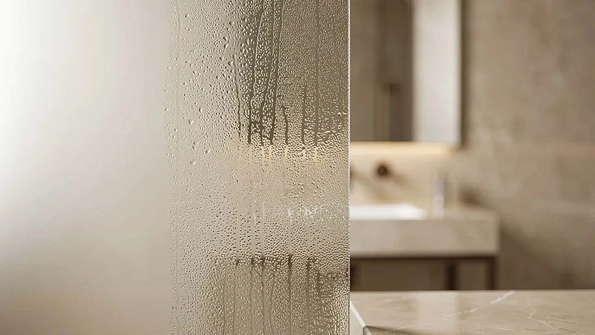 Shower steaming in bathroom