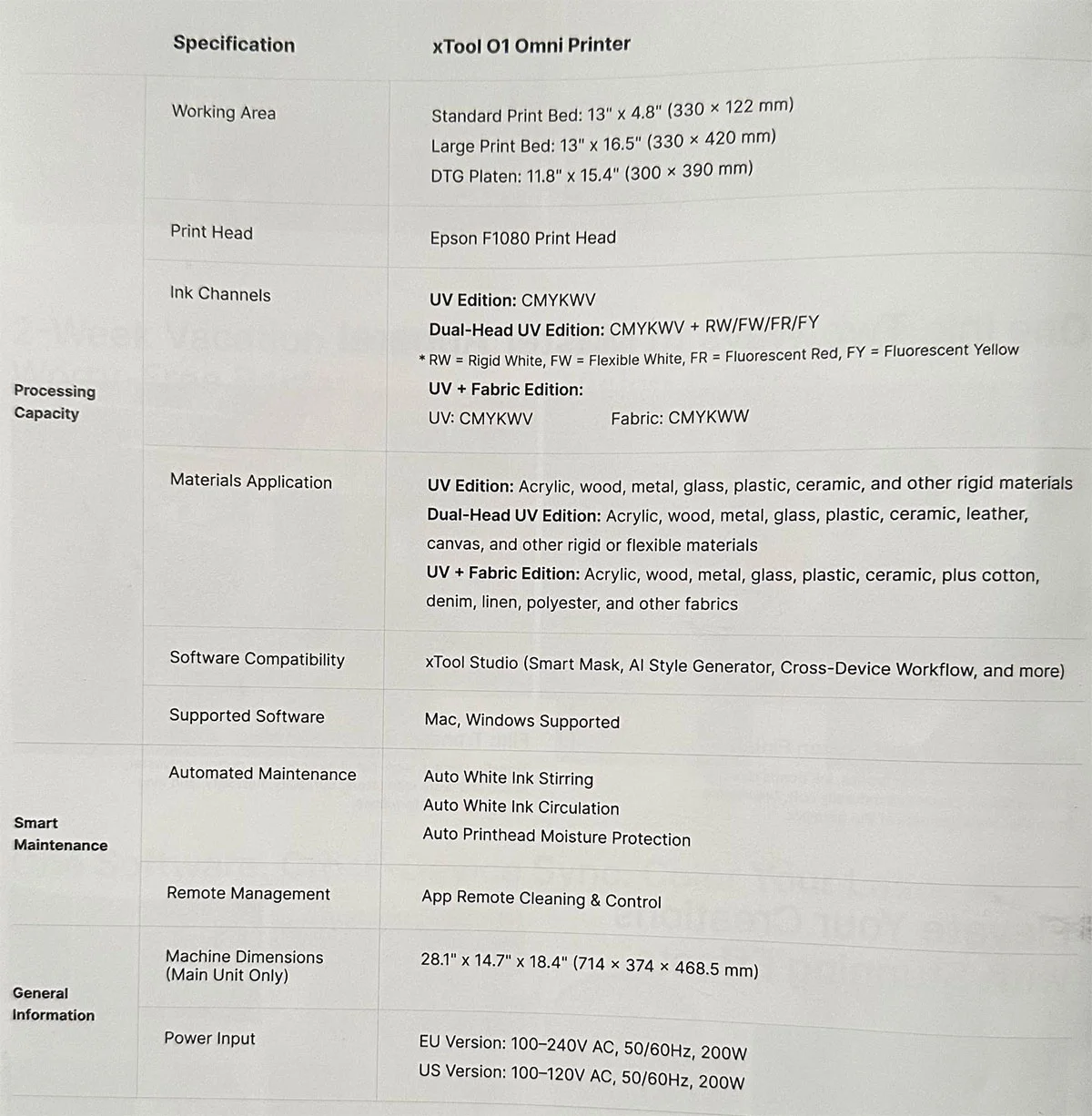xTool 01 Omni Printer specs