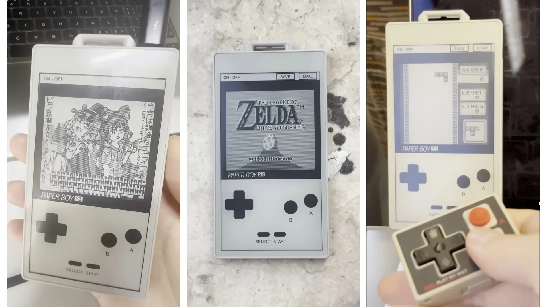 Photos of the PaperBoyS3 emulator running multiple games, and being controlled via Bluetooth.