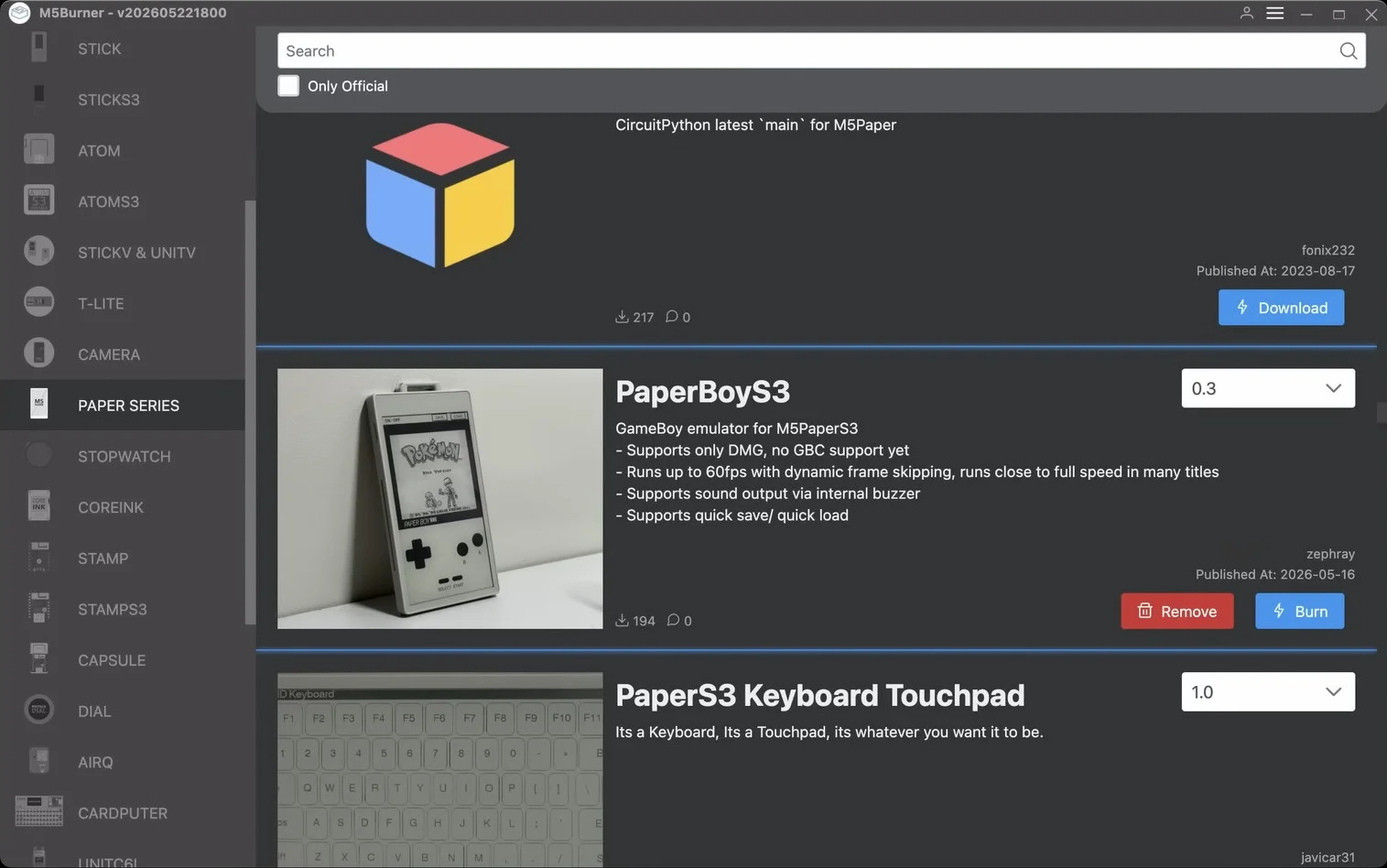 A screenshot of the M5Burner store showing the PaperBoyS3 emulator.