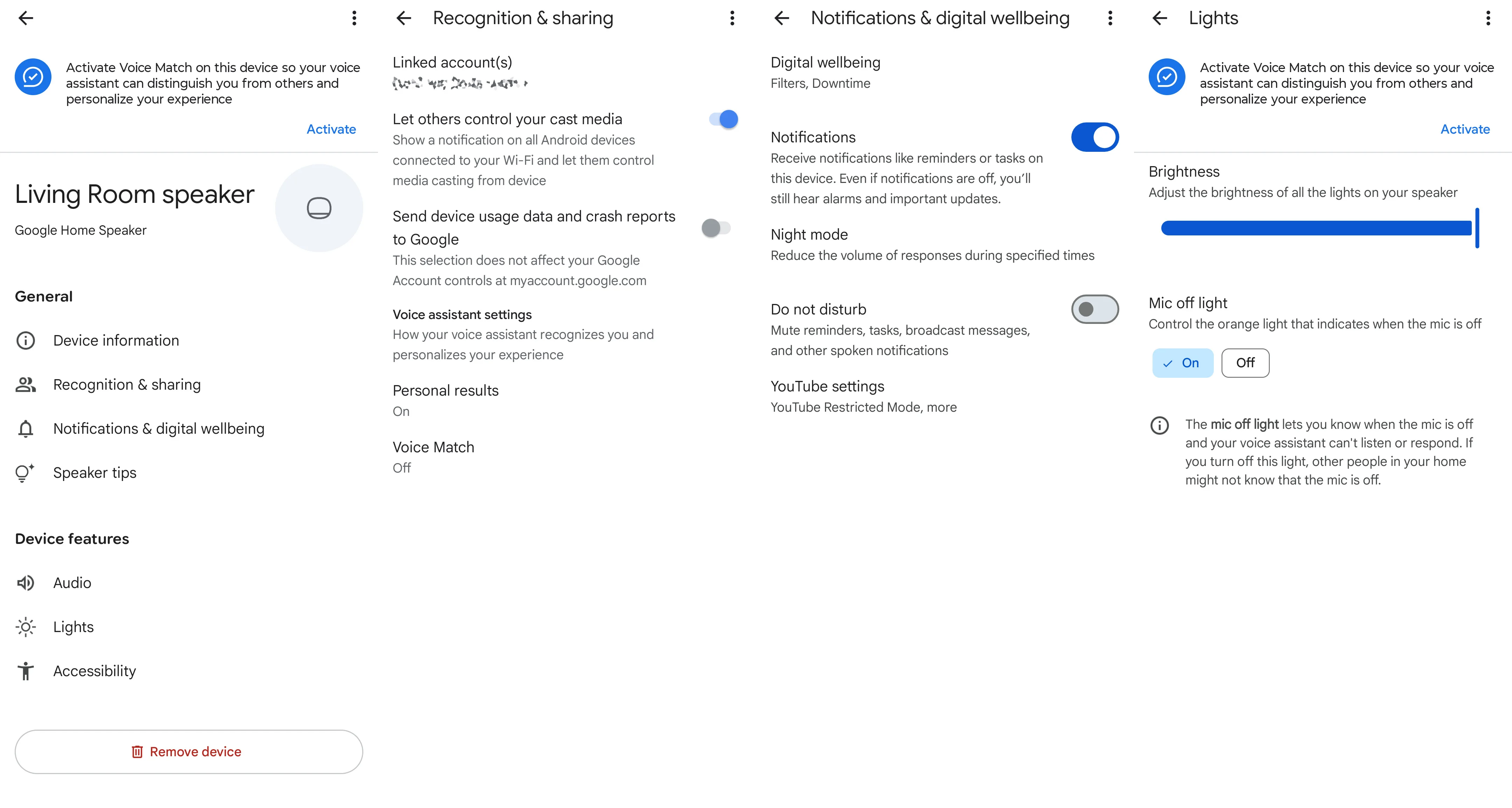 All the options available in the Google Home app for the Google Home Speaker