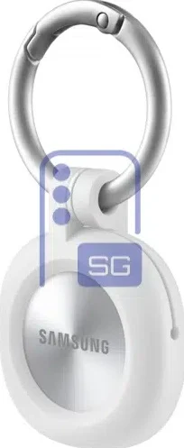 An alleged rendering of a squircle-shaped Galaxy SmartTag 3 in white with a separate case featuring an attachment loop.