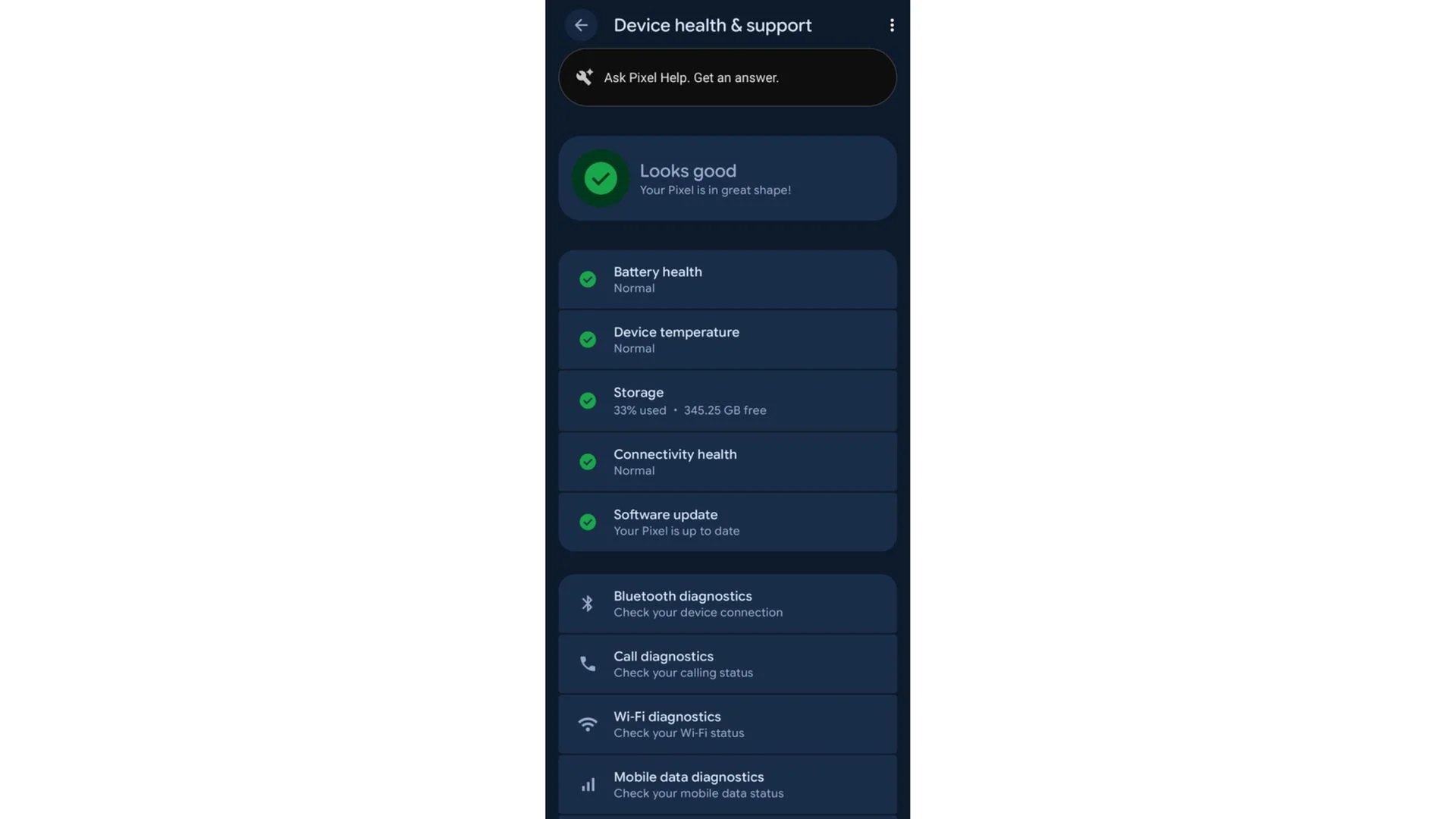 The new pixel diagnostic tool showcasing options for call, Wi-Fi and mobile data issues on a Google Pixel device running Android 17 QPR 3 Beta 1