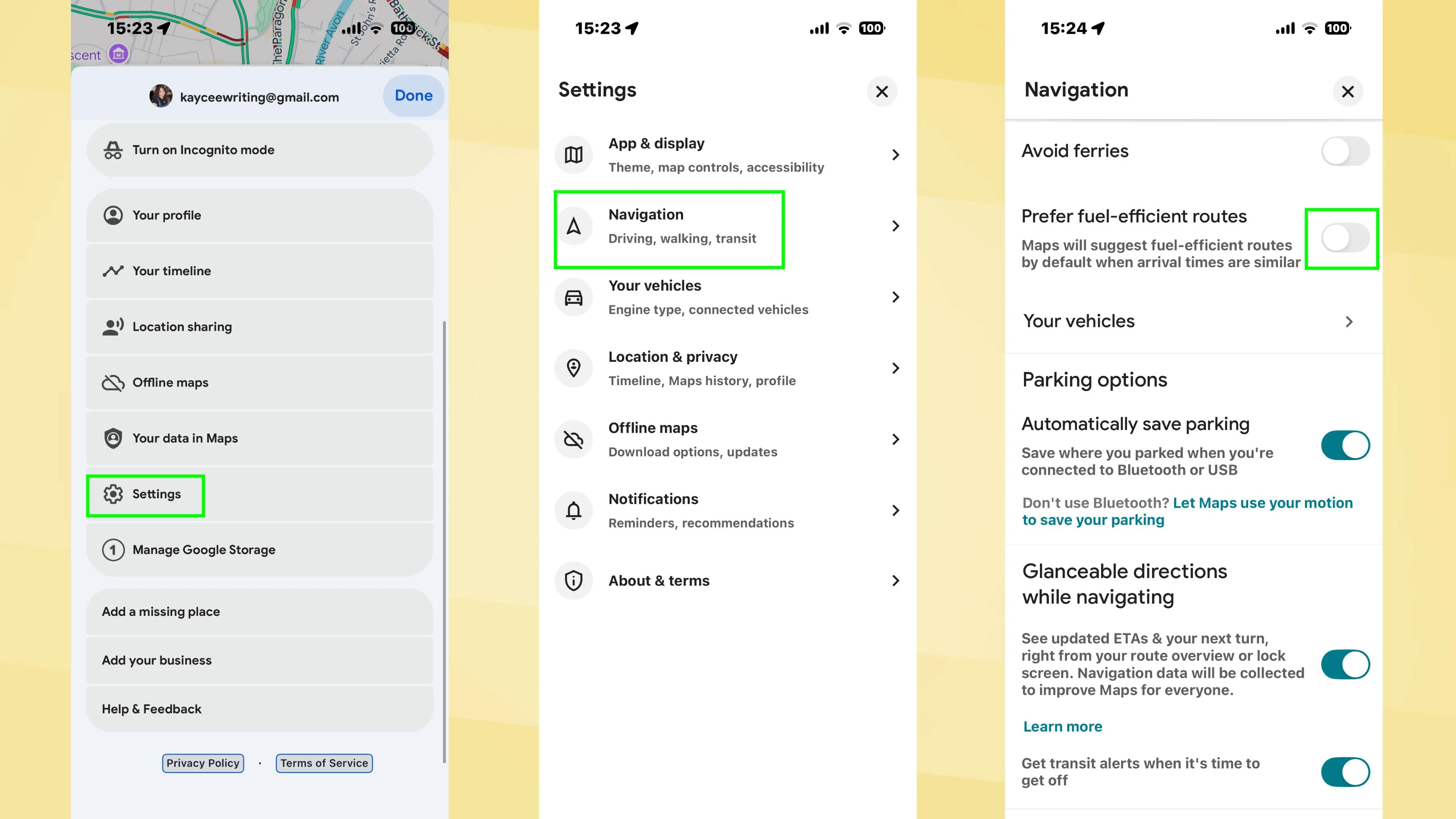 Prefer efficient routes toggled off in Google Maps